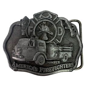 Vintage 1985 America’s Firefighters Pumper Truck Belt Buckle 3”x2.25” CJ1027